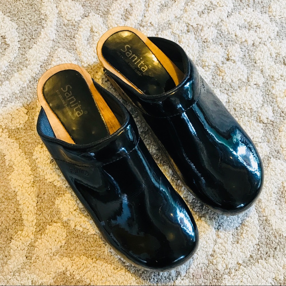 Sanita Black Patent Clog Mules